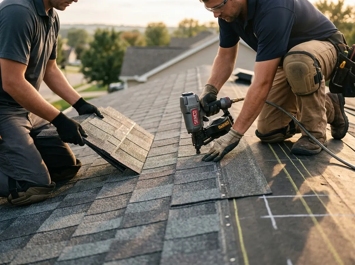 Professional roofer working on a residential roof in Five Corners